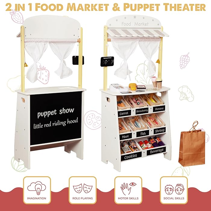 Wooden Children's Store and Theater 2 in 1 GINGER HOME, for Role Playing, with Cash Register, POS Terminal and Scanner with Sound, Toys and Accessories, 45x24x97.5 cm, for Children Over 3 Years Old