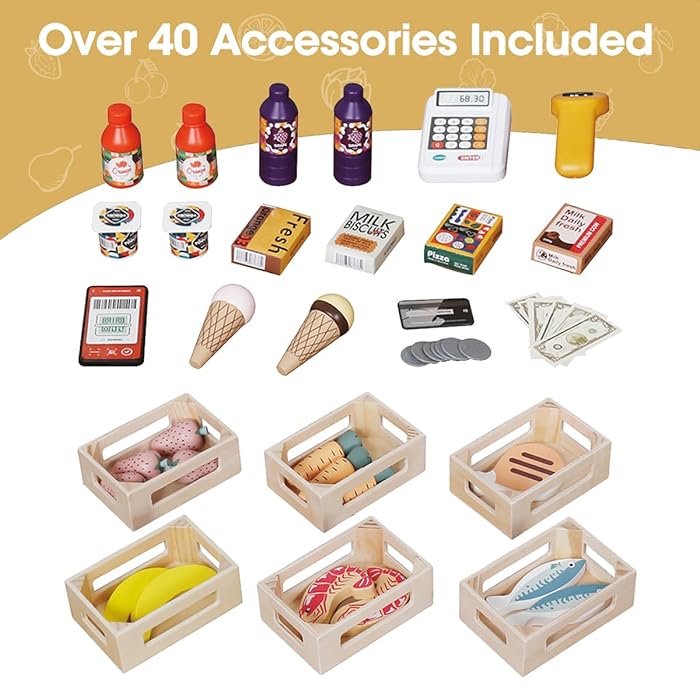 Wooden Children's Store and Theater 2 in 1 GINGER HOME, for Role Playing, with Cash Register, POS Terminal and Scanner with Sound, Toys and Accessories, 45x24x97.5 cm, for Children Over 3 Years Old