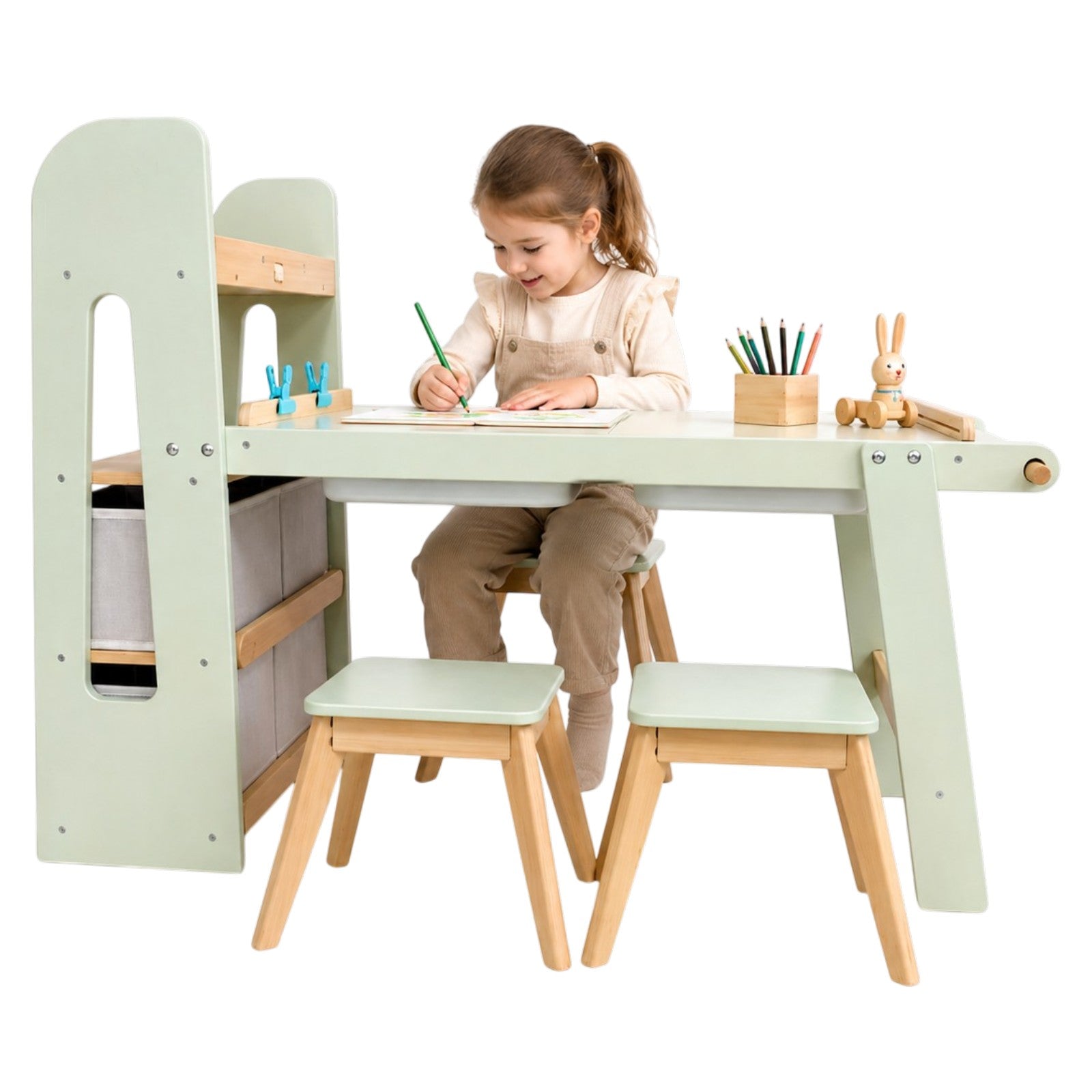 GINGER HOME 3-in-1 Children's Active Table with 2 Chairs, Sensory Sand and Water Table, White and Black Board, Shelf and Organizer, 107x49x78 cm