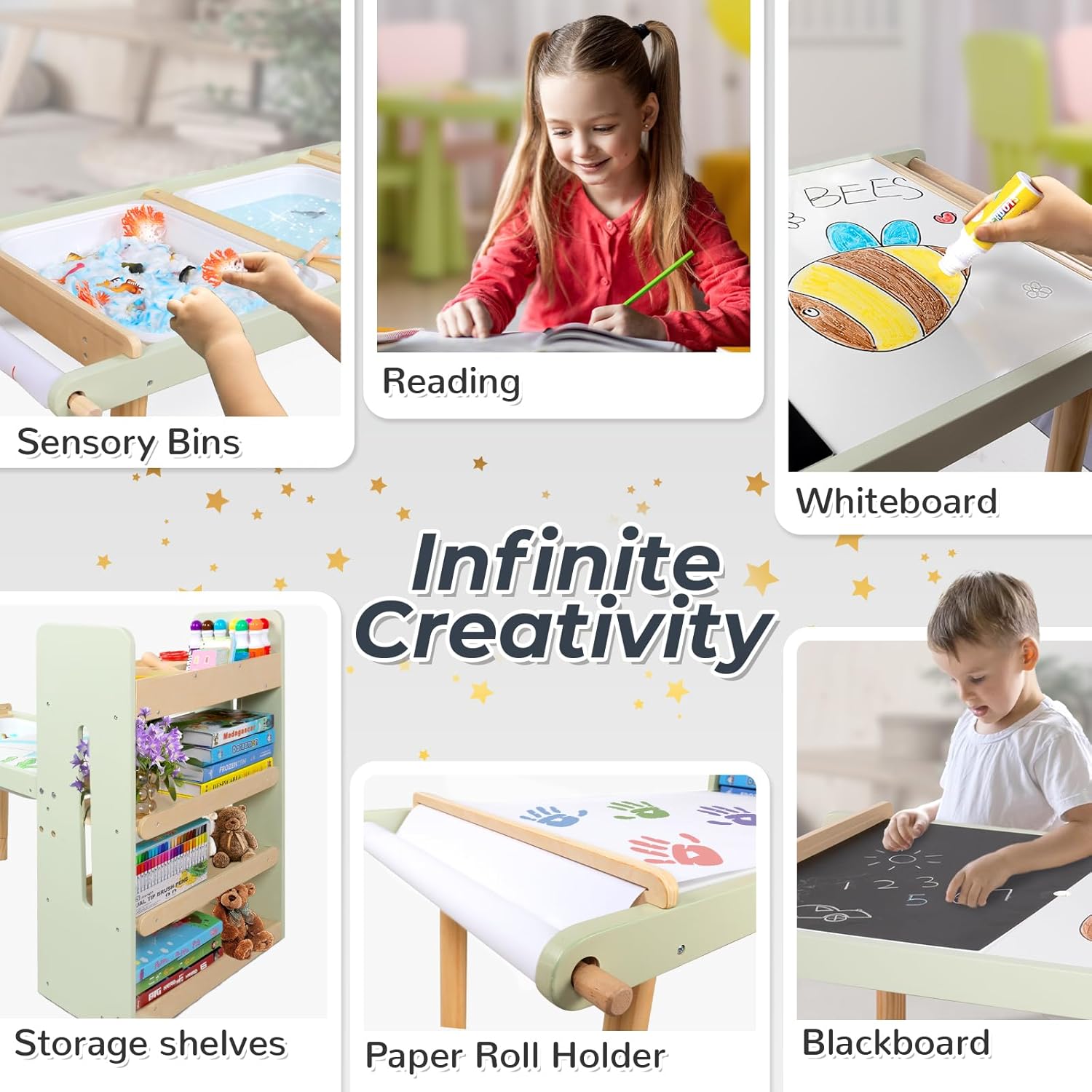 GINGER HOME 3-in-1 Children's Active Table with 2 Chairs, Sensory Sand and Water Table, White and Black Board, Shelf and Organizer, 107x49x78 cm