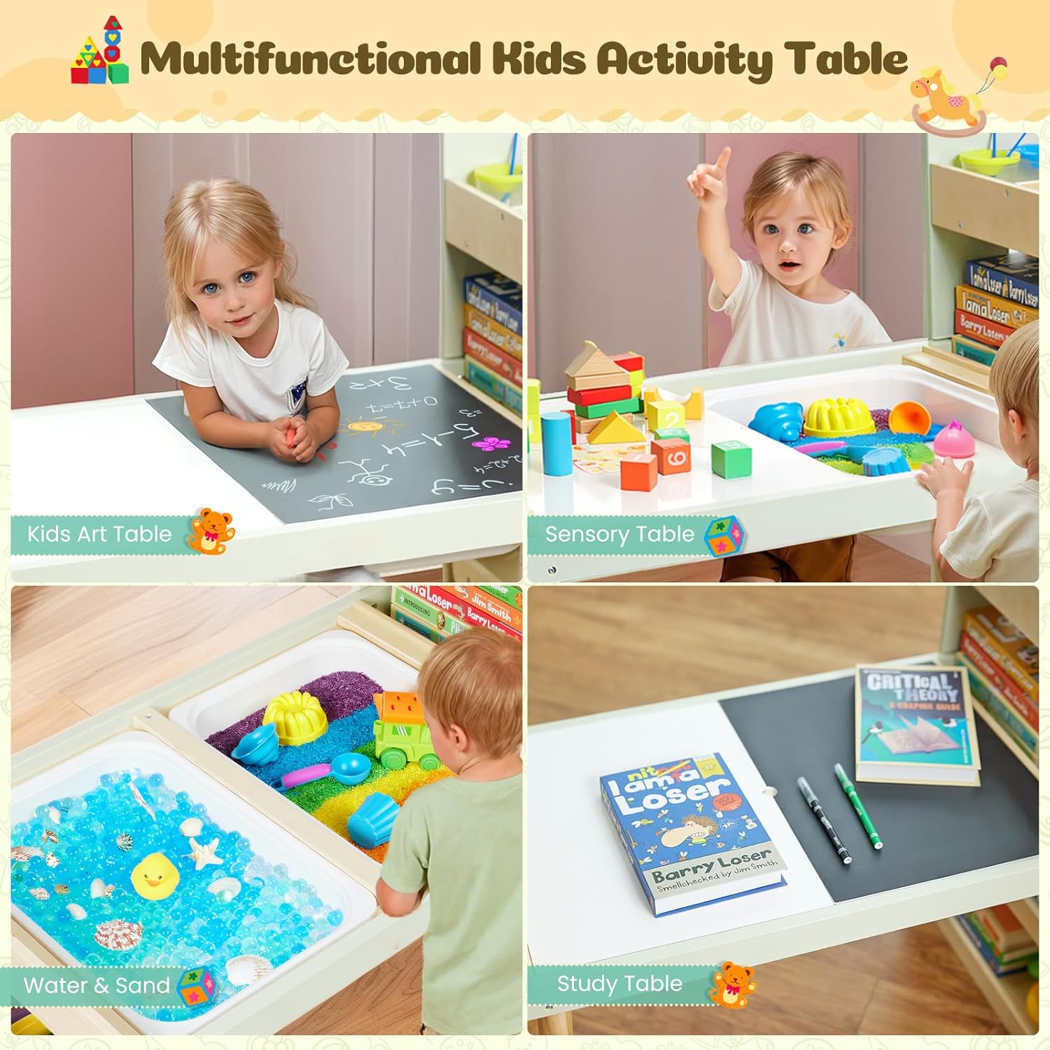GINGER HOME 3-in-1 Children's Active Table with 2 Chairs, Sensory Sand and Water Table, White and Black Board, Shelf and Organizer, 107x49x78 cm