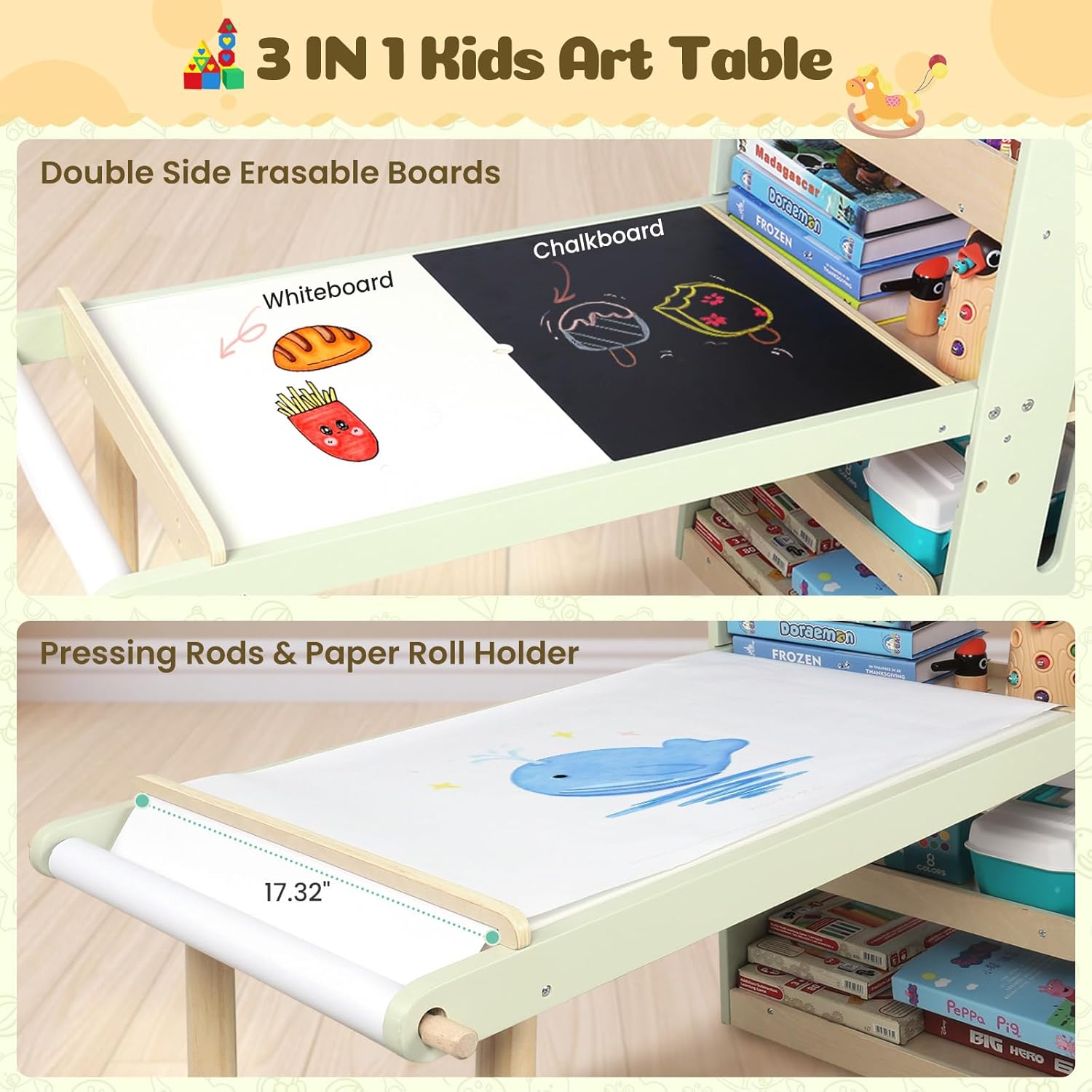 GINGER HOME 3-in-1 Children's Active Table with 2 Chairs, Sensory Sand and Water Table, White and Black Board, Shelf and Organizer, 107x49x78 cm
