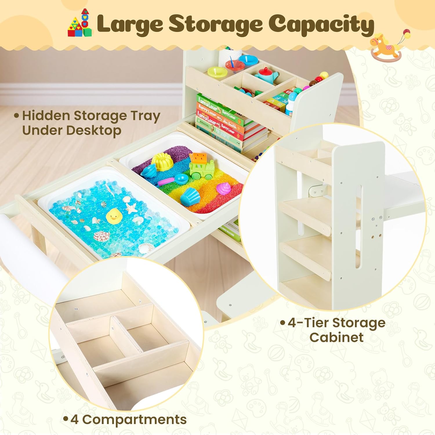 GINGER HOME 3-in-1 Children's Active Table with 2 Chairs, Sensory Sand and Water Table, White and Black Board, Shelf and Organizer, 107x49x78 cm