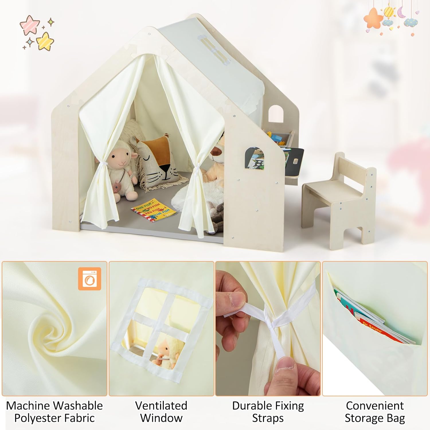 Детска Дървена Къща за Игра 6 в 1 GINGER HOME – Стол, Маса, Черна Дъска, Органайзер, Тента и Мека Подложка