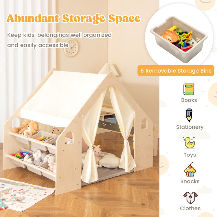 Детска Дървена Къща за Игра 6 в 1 GINGER HOME – Стол, Маса, Черна Дъска, Органайзер, Тента и Мека Подложка