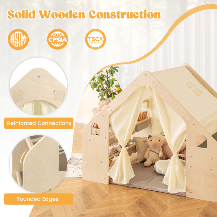 Детска Дървена Къща за Игра 6 в 1 GINGER HOME – Стол, Маса, Черна Дъска, Органайзер, Тента и Мека Подложка