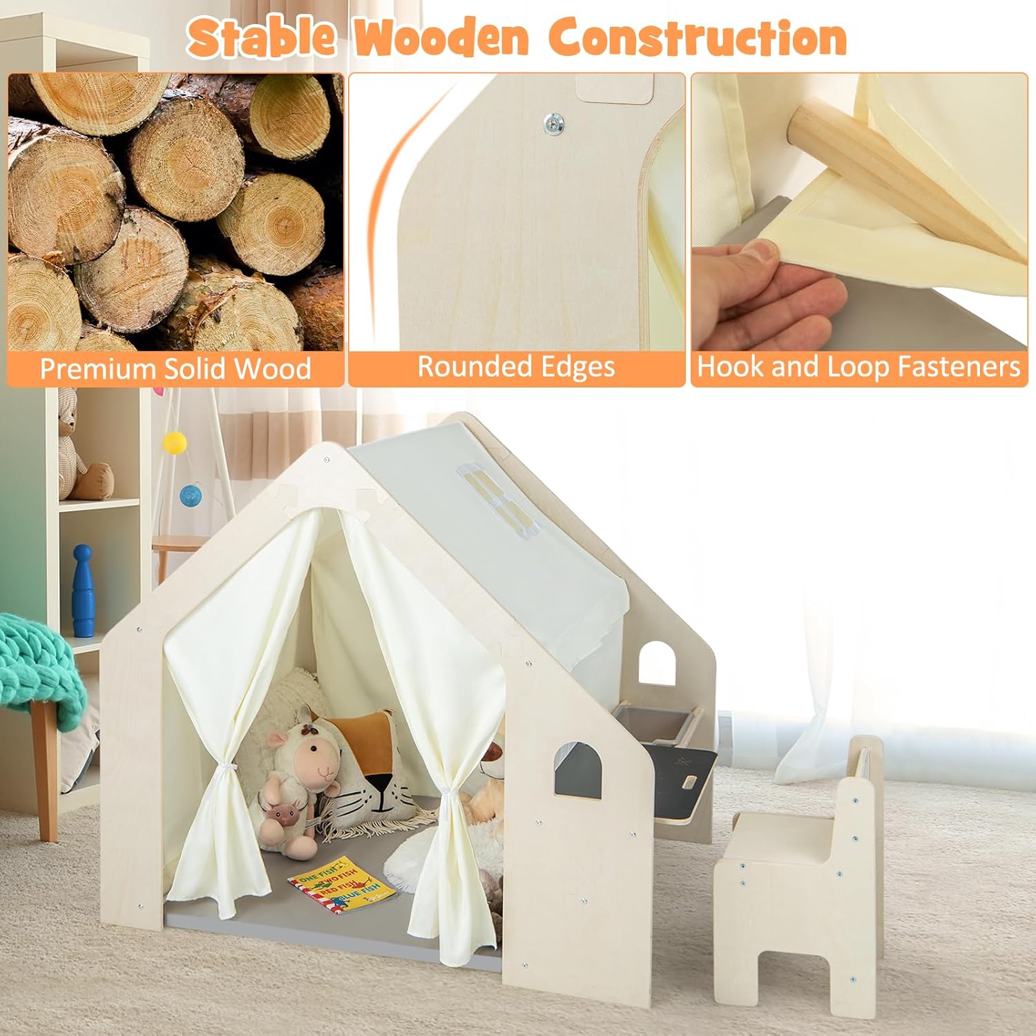 Детска Дървена Къща за Игра 6 в 1 GINGER HOME – Стол, Маса, Черна Дъска, Органайзер, Тента и Мека Подложка