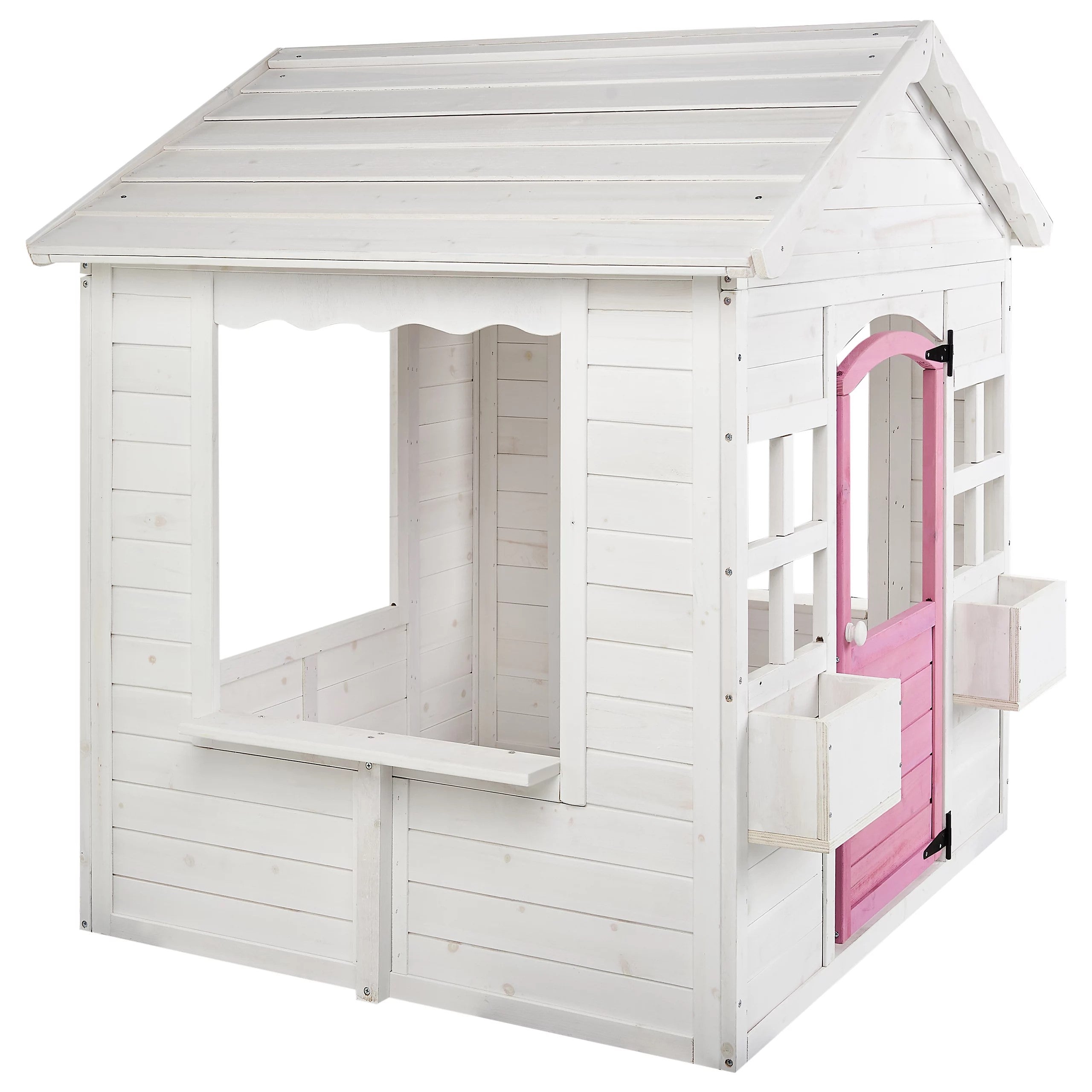 Children's Wooden Playhouse GINGER HOME – Garden House with Windows and Pots, White, 123×106×125 cm