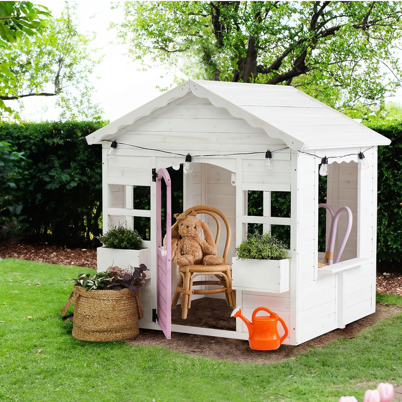 Children's Wooden Playhouse GINGER HOME – Garden House with Windows and Pots, White, 123×106×125 cm