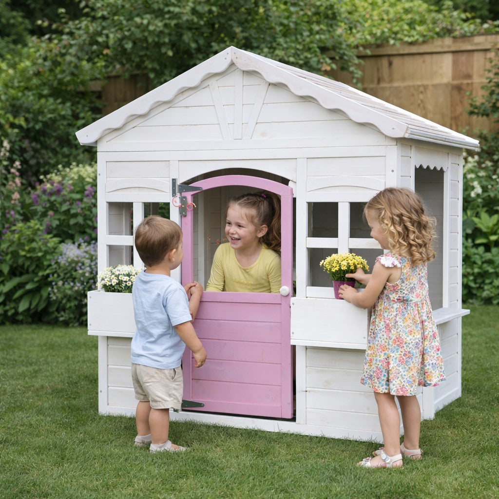 Children's Wooden Playhouse GINGER HOME – Garden House with Windows and Pots, White, 123×106×125 cm