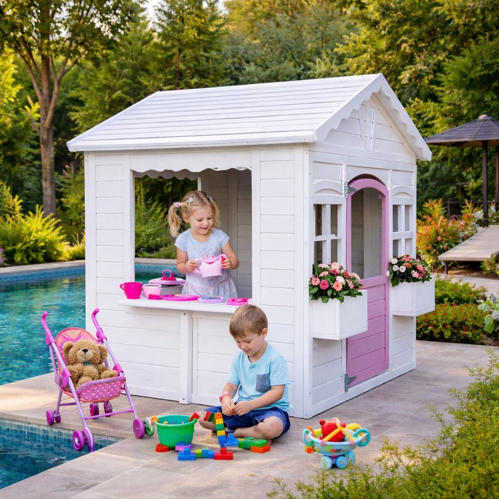 Children's Wooden Playhouse GINGER HOME – Garden House with Windows and Pots, White, 123×106×125 cm