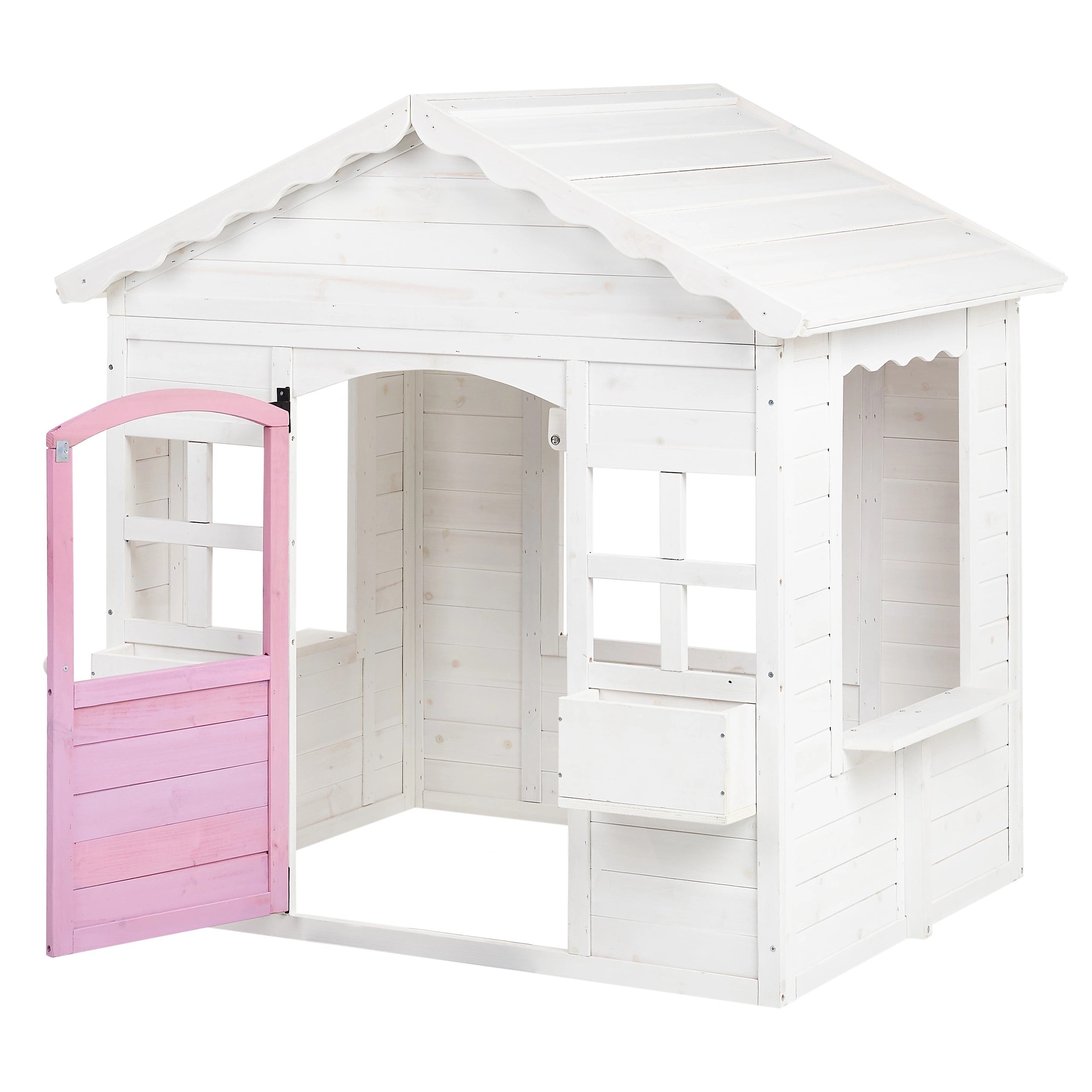 Children's Wooden Playhouse GINGER HOME – Garden House with Windows and Pots, White, 123×106×125 cm