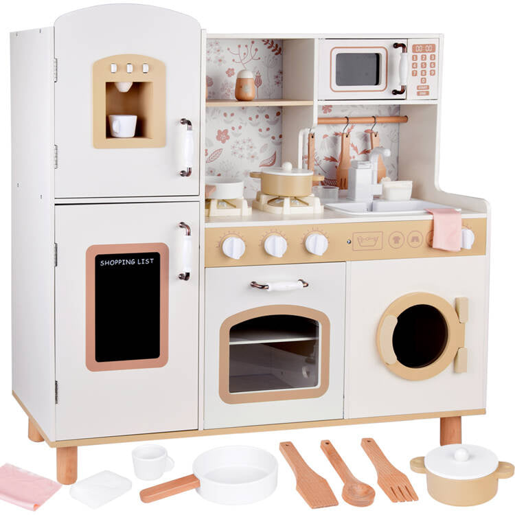 GINGER HOME Children's Wooden Kitchen – Vintage Model with Electronic Hotplates, Lights, Sounds and Sink with Running Water, 91×31×90 cm