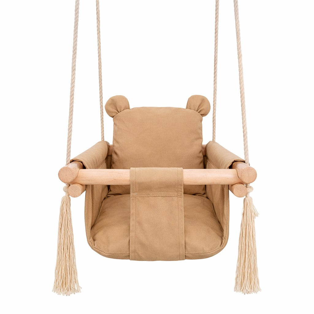 Детска Дървена Люлка Мече GINGER HOME – Мека Памучна Седалка, до 30 кг, 28×28×196 см