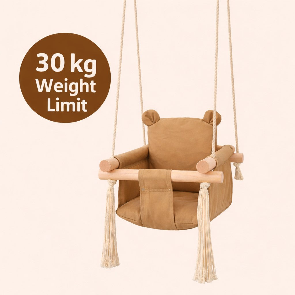 Детска Дървена Люлка Мече GINGER HOME – Мека Памучна Седалка, до 30 кг, 28×28×196 см