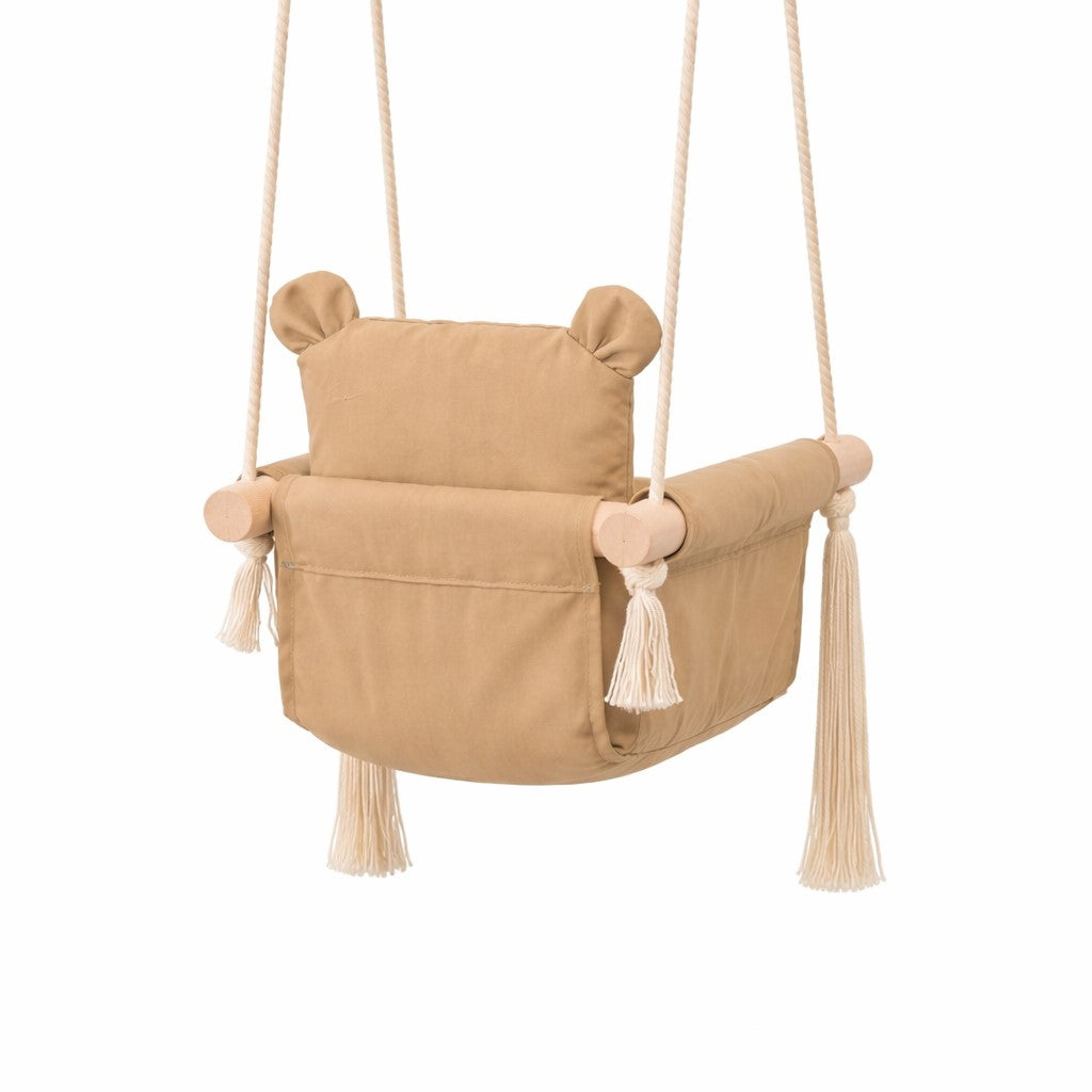 Детска Дървена Люлка Мече GINGER HOME – Мека Памучна Седалка, до 30 кг, 28×28×196 см