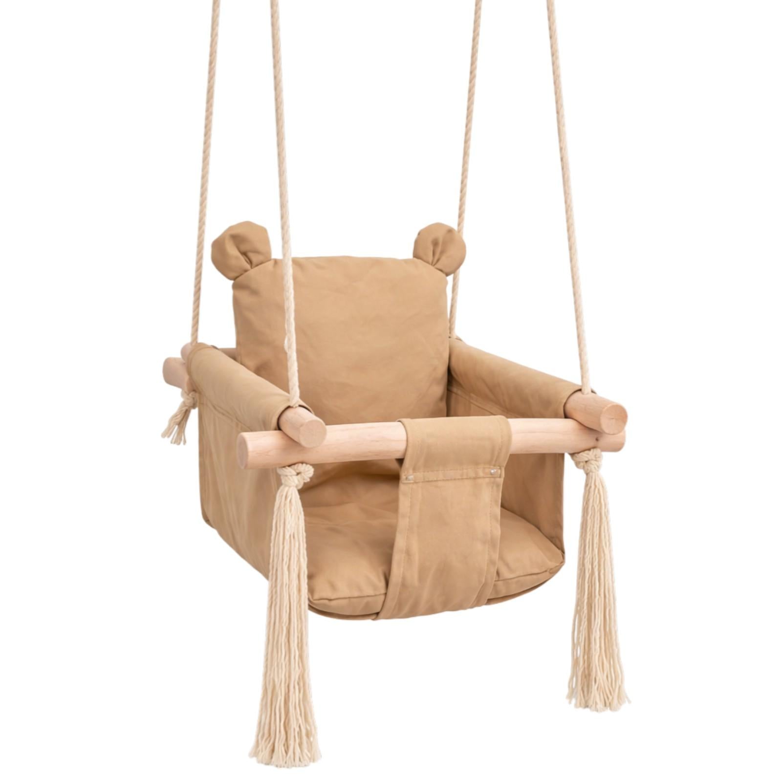 Детска Дървена Люлка Мече GINGER HOME – Мека Памучна Седалка, до 30 кг, 28×28×196 см