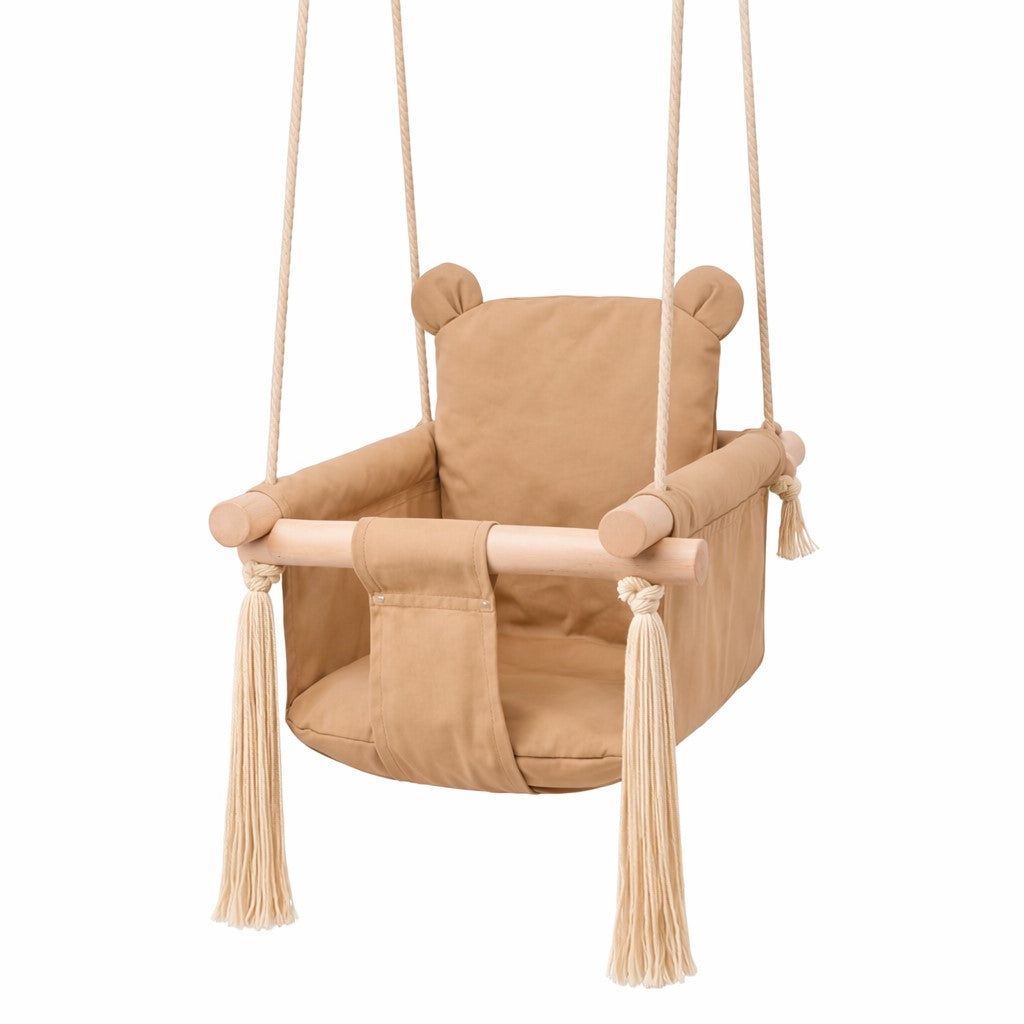 Детска Дървена Люлка Мече GINGER HOME – Мека Памучна Седалка, до 30 кг, 28×28×196 см