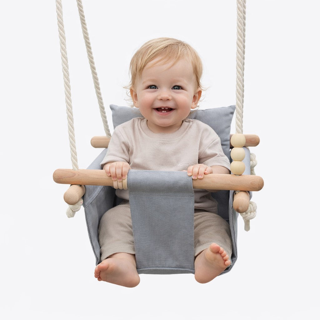 Children's Wooden Swing GINGER HOME Scandi – Soft Cotton Seat with Backrest, 28×28×196 cm