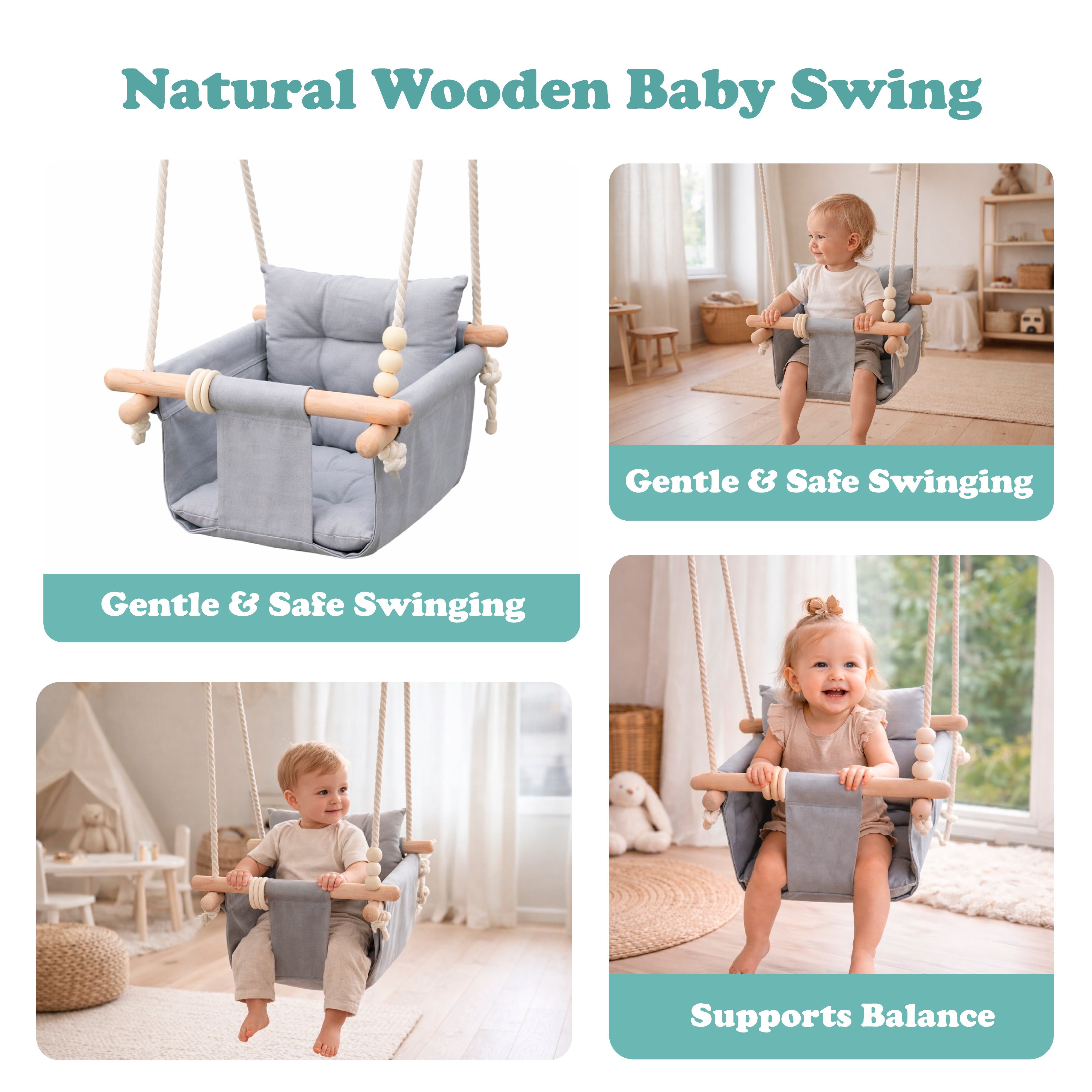 Children's Wooden Swing GINGER HOME Scandi – Soft Cotton Seat with Backrest, 28×28×196 cm
