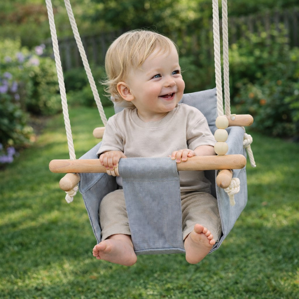 Children's Wooden Swing GINGER HOME Scandi – Soft Cotton Seat with Backrest, 28×28×196 cm