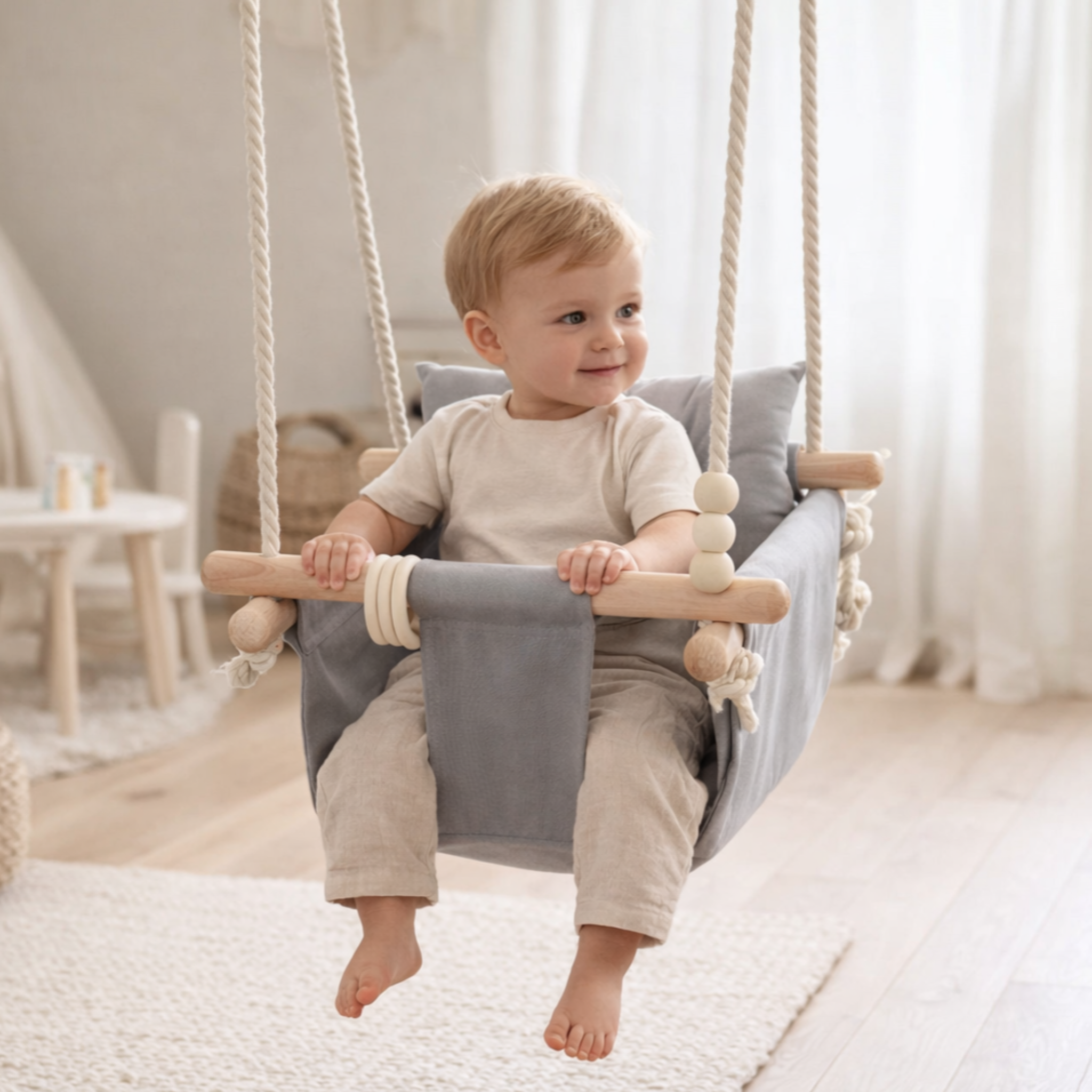 Children's Wooden Swing GINGER HOME Scandi – Soft Cotton Seat with Backrest, 28×28×196 cm