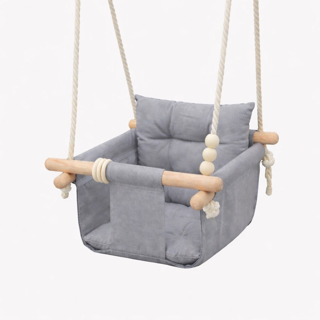 Children's Wooden Swing GINGER HOME Scandi – Soft Cotton Seat with Backrest, 28×28×196 cm