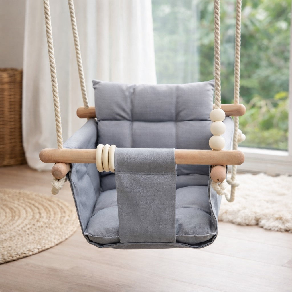 Children's Wooden Swing GINGER HOME Scandi – Soft Cotton Seat with Backrest, 28×28×196 cm