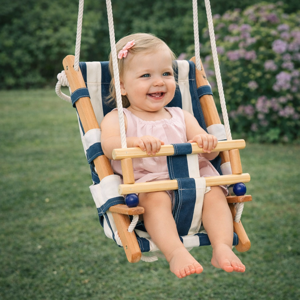 Children's Wooden Swing Type Chaise Lounge GINGER HOME – Cotton Seat, Safety Board, Indoor and Outdoor Use (36×24×57 cm)