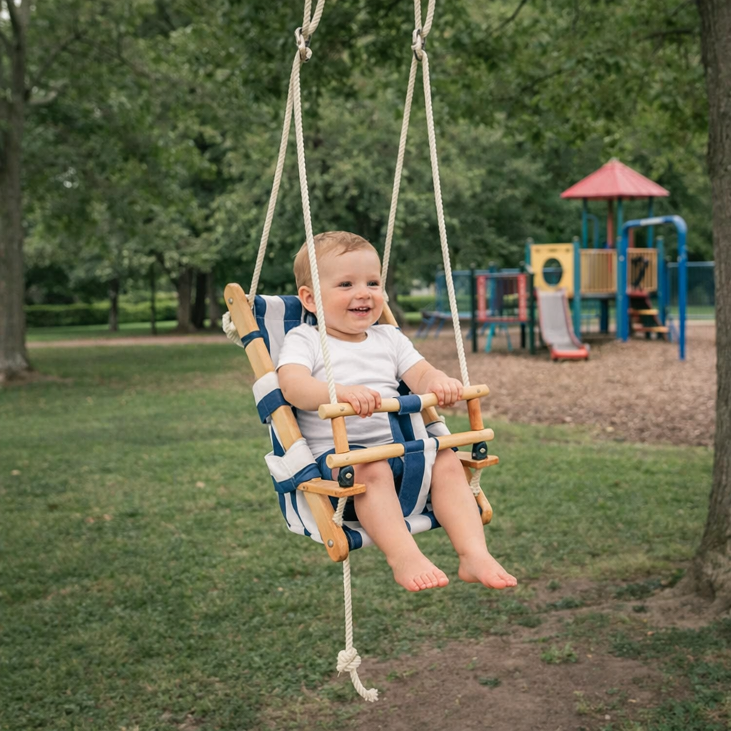 Children's Wooden Swing Type Chaise Lounge GINGER HOME – Cotton Seat, Safety Board, Indoor and Outdoor Use (36×24×57 cm)
