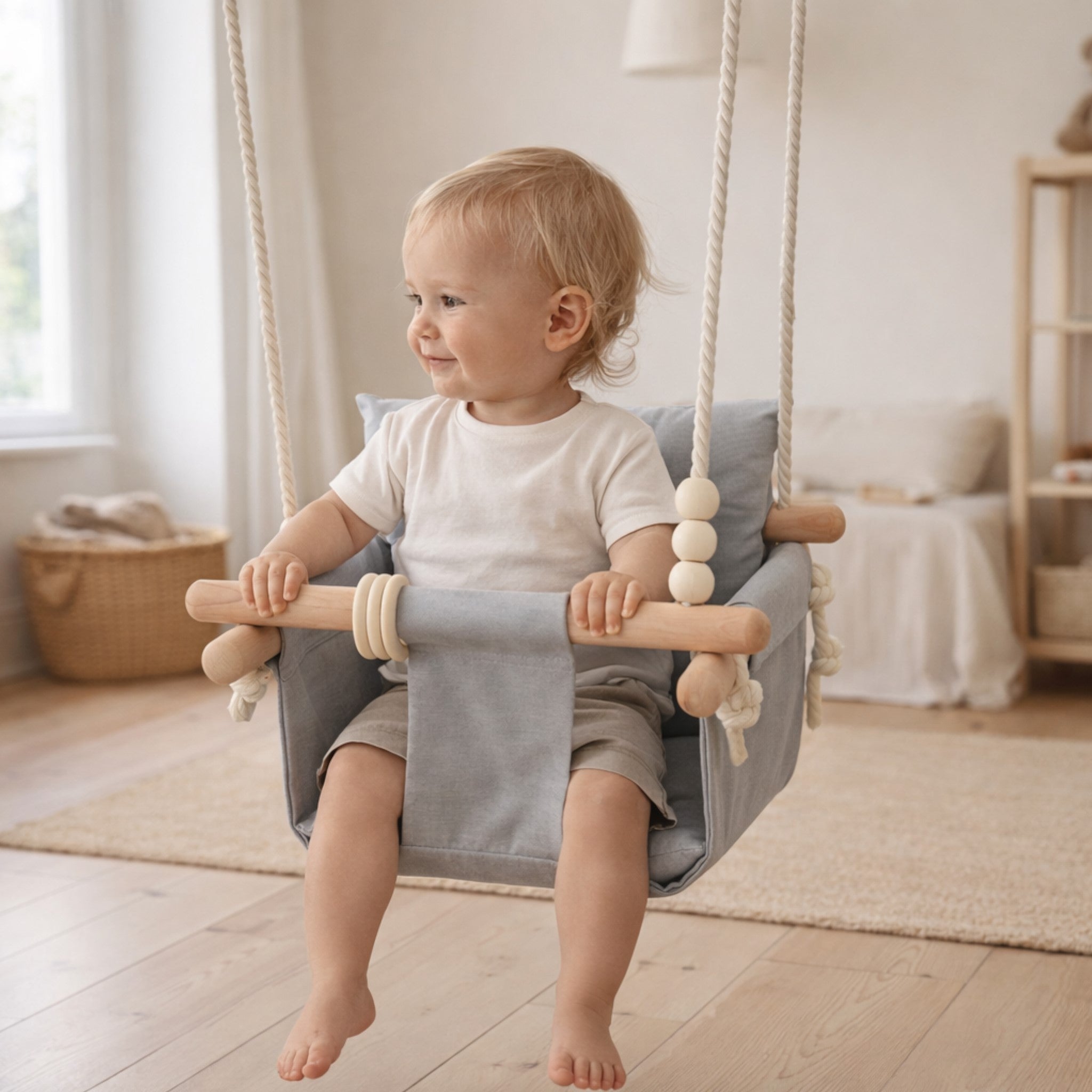 Children's Wooden Swing GINGER HOME Scandi – Soft Cotton Seat with Backrest, 28×28×196 cm