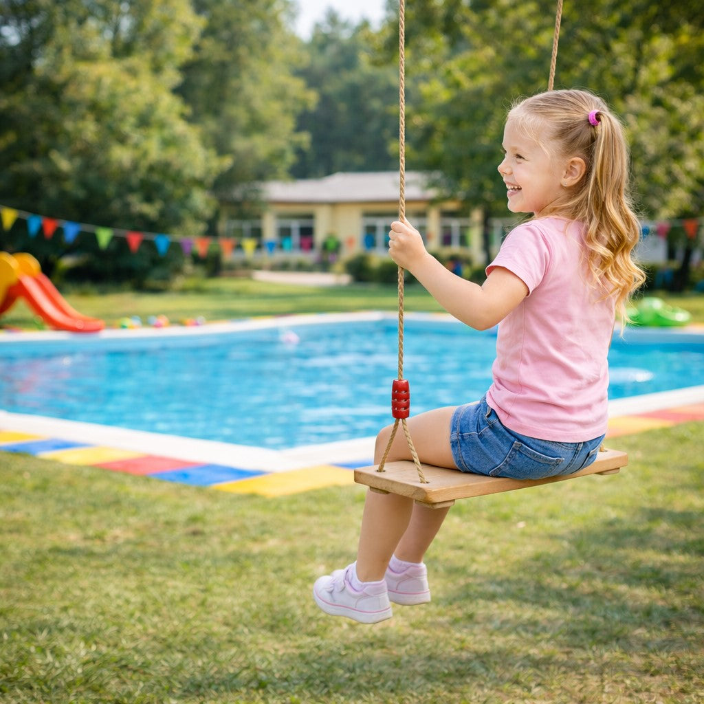 GINGER HOME Children's Wooden Swing for Yard with Ropes – Natural Wood, 33 cm