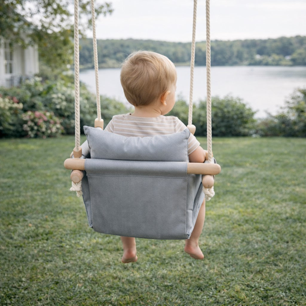 Children's Wooden Swing GINGER HOME Scandi – Soft Cotton Seat with Backrest, 28×28×196 cm
