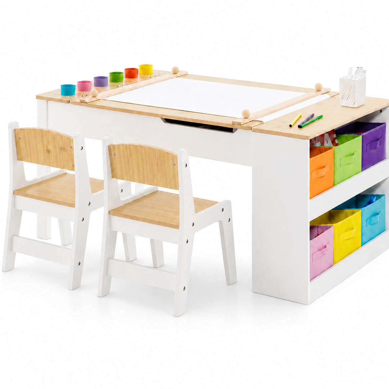 GINGER HOME 3-in-1 Children's Wooden Table with 2 Chairs, Drawing Board, Organizer and Paper Roll, 109x60x55 cm