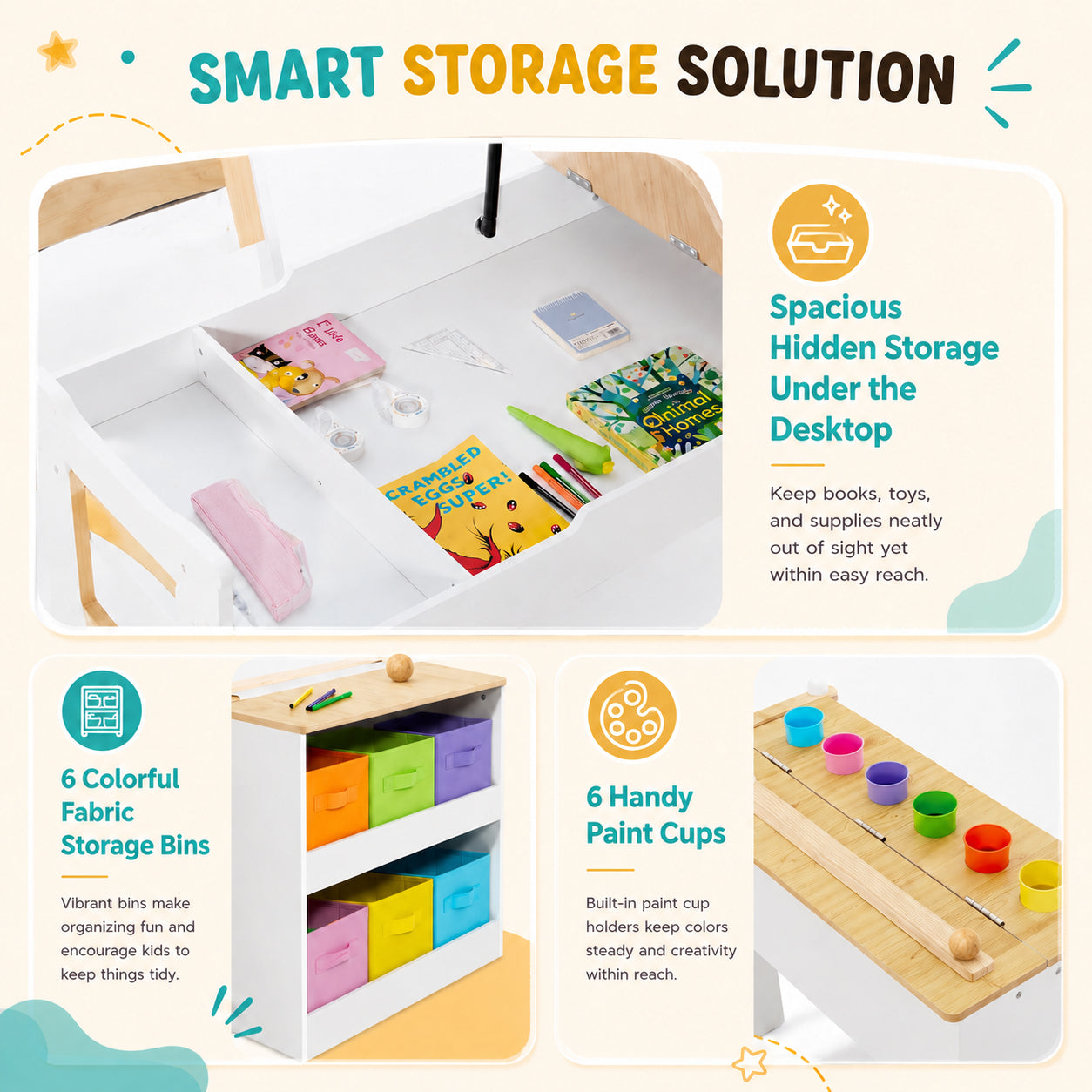 GINGER HOME 3-in-1 Children's Wooden Table with 2 Chairs, Drawing Board, Organizer and Paper Roll, 109x60x55 cm