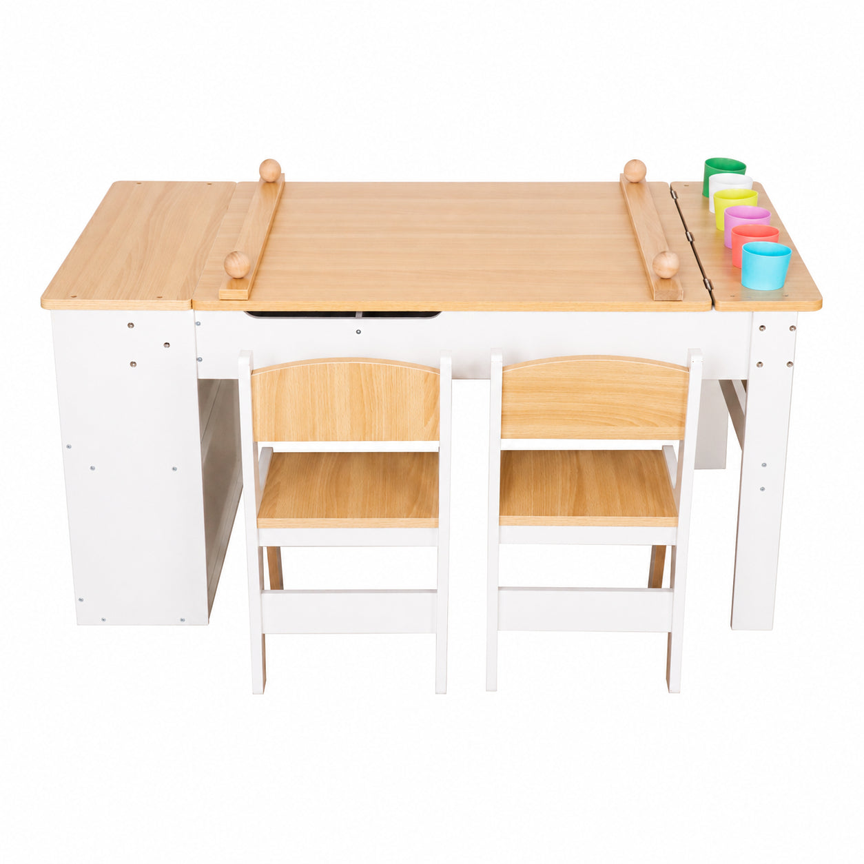 GINGER HOME 3-in-1 Children's Wooden Table with 2 Chairs, Drawing Board, Organizer and Paper Roll, 109x60x55 cm