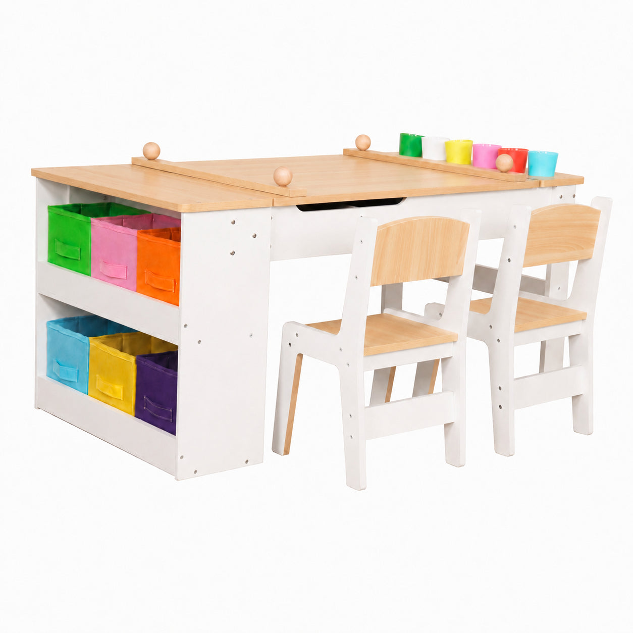 GINGER HOME 3-in-1 Children's Wooden Table with 2 Chairs, Drawing Board, Organizer and Paper Roll, 109x60x55 cm
