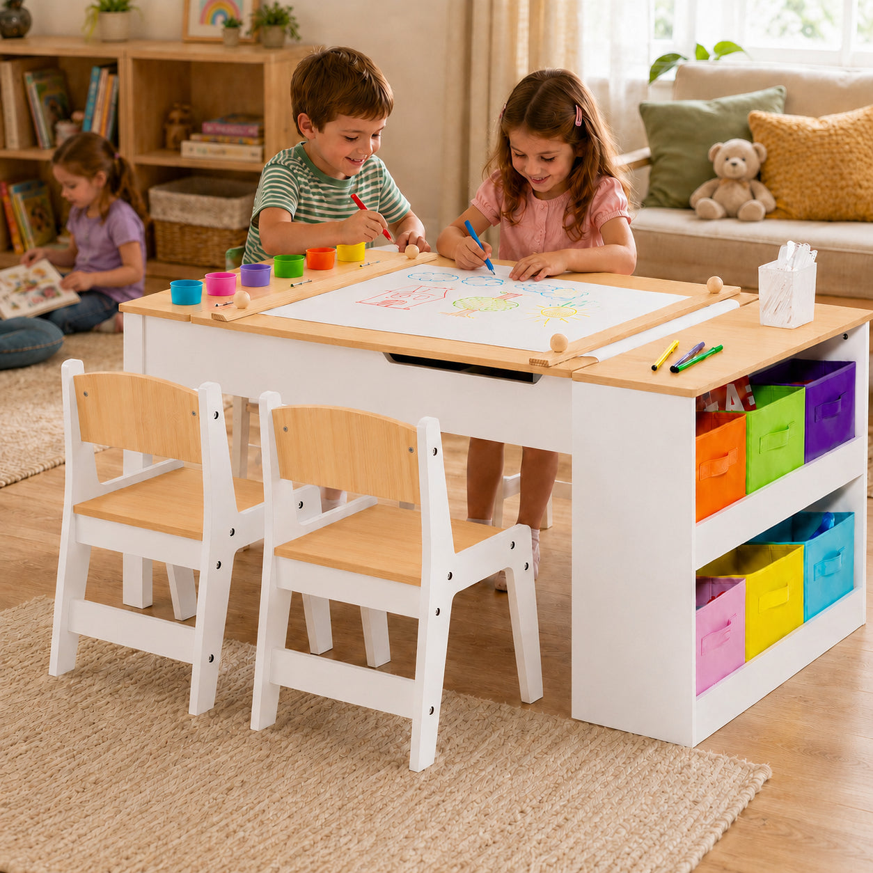 GINGER HOME 3-in-1 Children's Wooden Table with 2 Chairs, Drawing Board, Organizer and Paper Roll, 109x60x55 cm