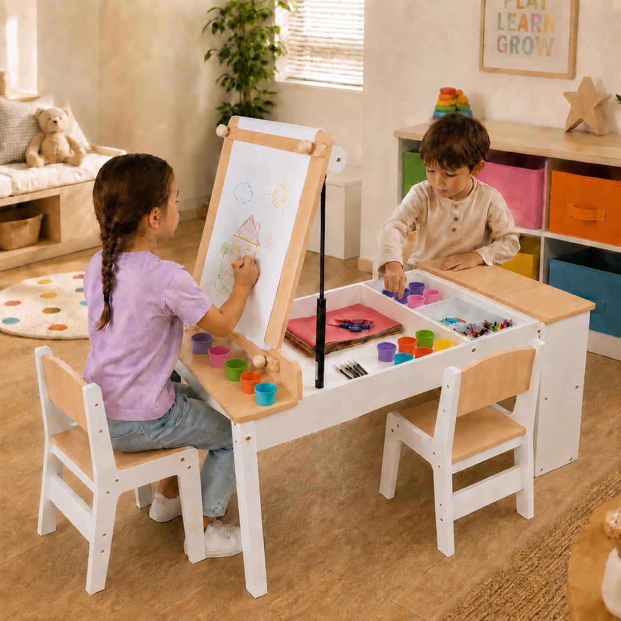 GINGER HOME 3-in-1 Children's Wooden Table with 2 Chairs, Drawing Board, Organizer and Paper Roll, 109x60x55 cm