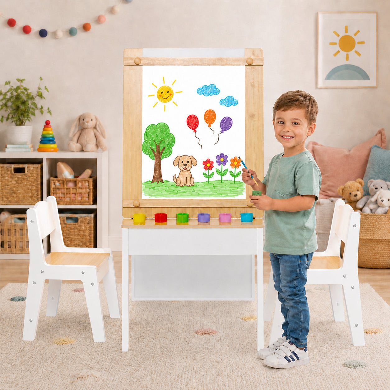 GINGER HOME 3-in-1 Children's Wooden Table with 2 Chairs, Drawing Board, Organizer and Paper Roll, 109x60x55 cm