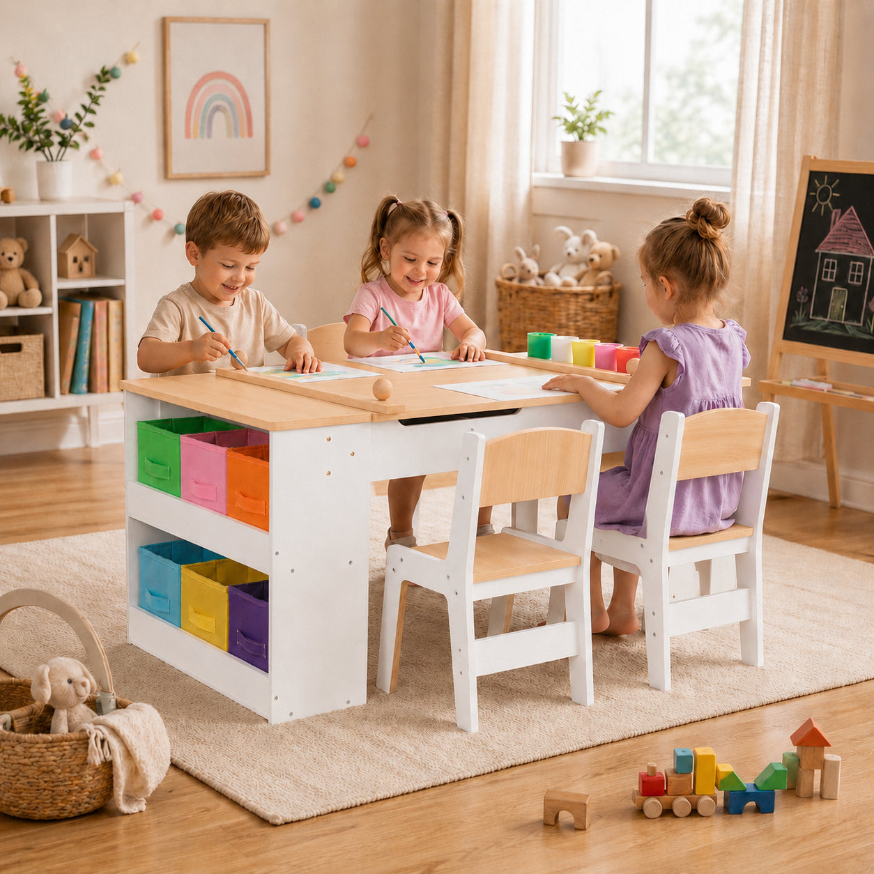 GINGER HOME 3-in-1 Children's Wooden Table with 2 Chairs, Drawing Board, Organizer and Paper Roll, 109x60x55 cm