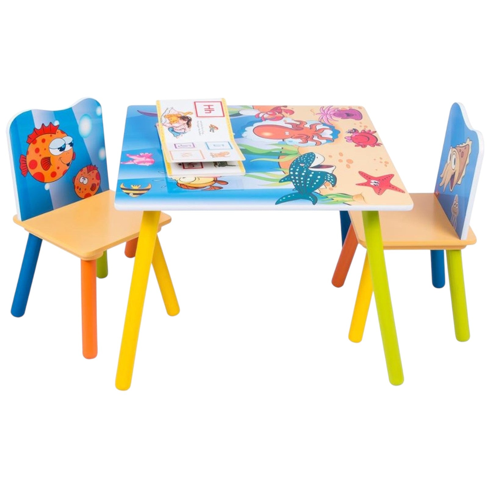 GINGER HOME Children's Wooden Table and Chairs with Sea Animals - Set for Drawing, Playing, Learning and Eating