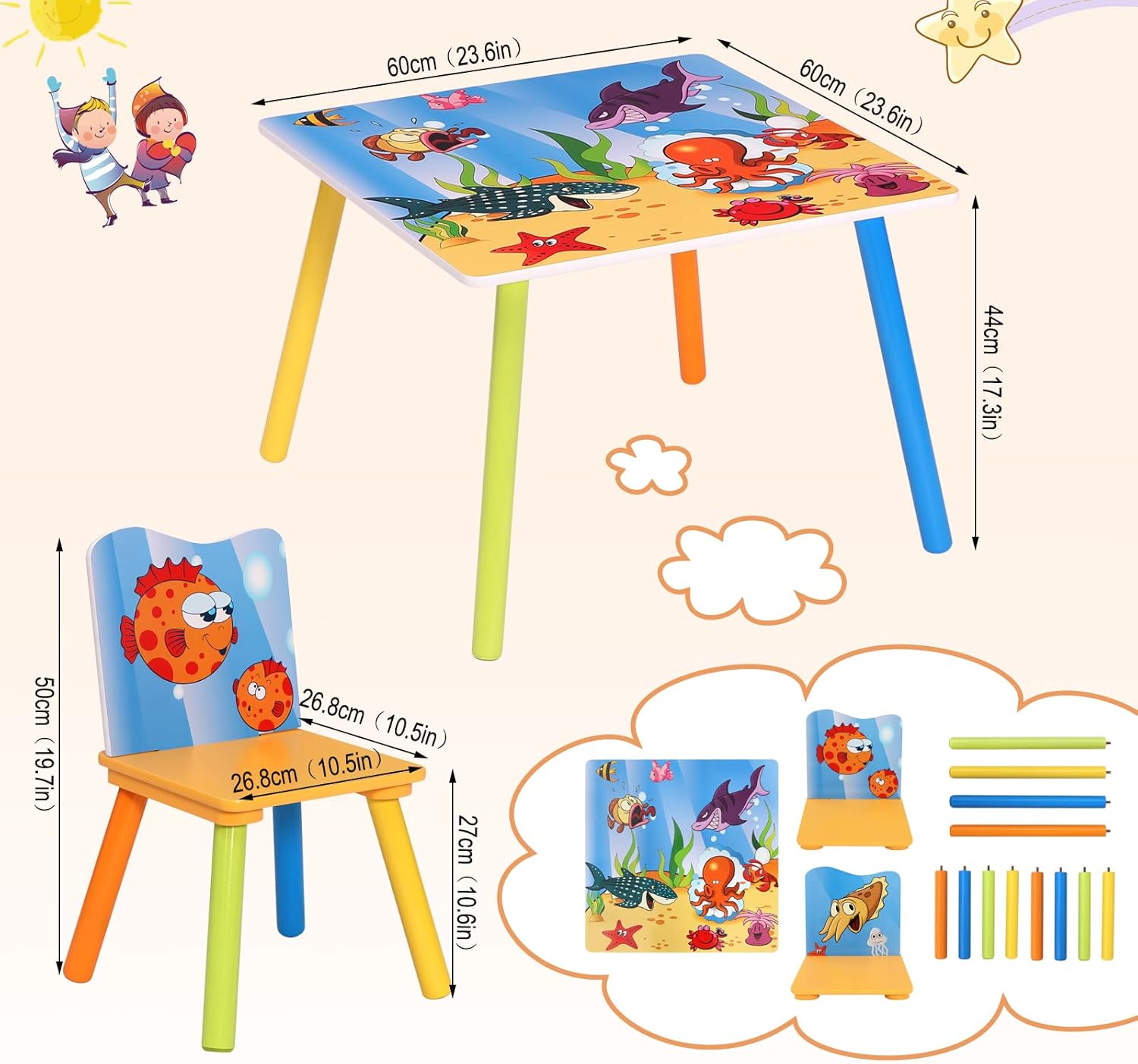GINGER HOME Children's Wooden Table and Chairs with Sea Animals - Set for Drawing, Playing, Learning and Eating