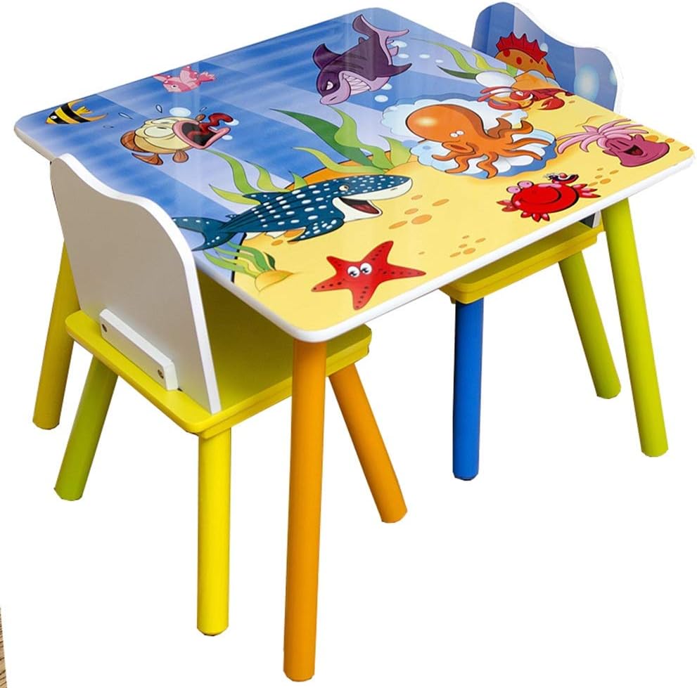GINGER HOME Children's Wooden Table and Chairs with Sea Animals - Set for Drawing, Playing, Learning and Eating