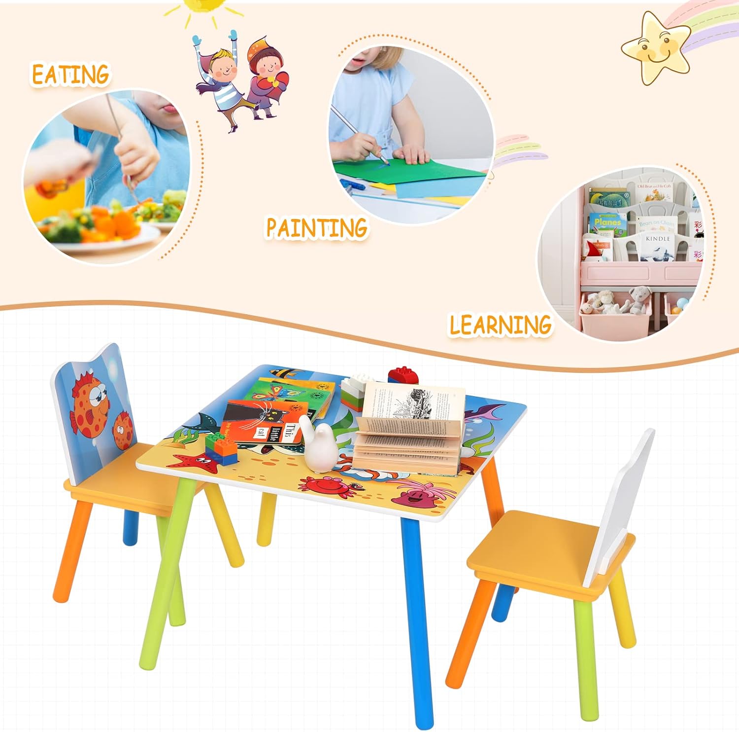 GINGER HOME Children's Wooden Table and Chairs with Sea Animals - Set for Drawing, Playing, Learning and Eating