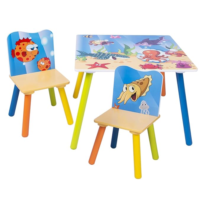 GINGER HOME Children's Wooden Table and Chairs with Sea Animals - Set for Drawing, Playing, Learning and Eating