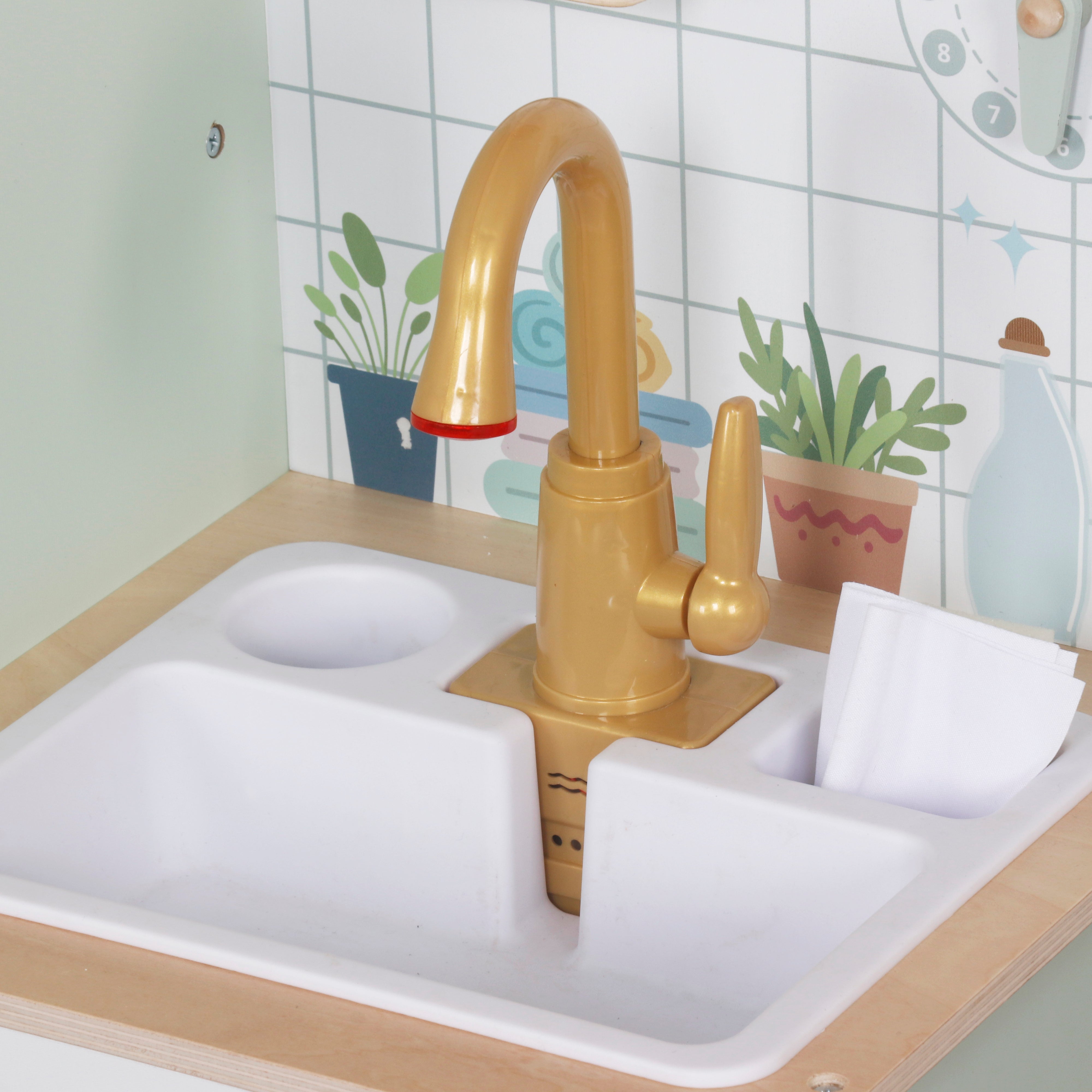 Детска Дървена Пералня 3 в 1 с Мивка с Течаща Вода и Сушилня GINGER HOME, 86×32×90 см