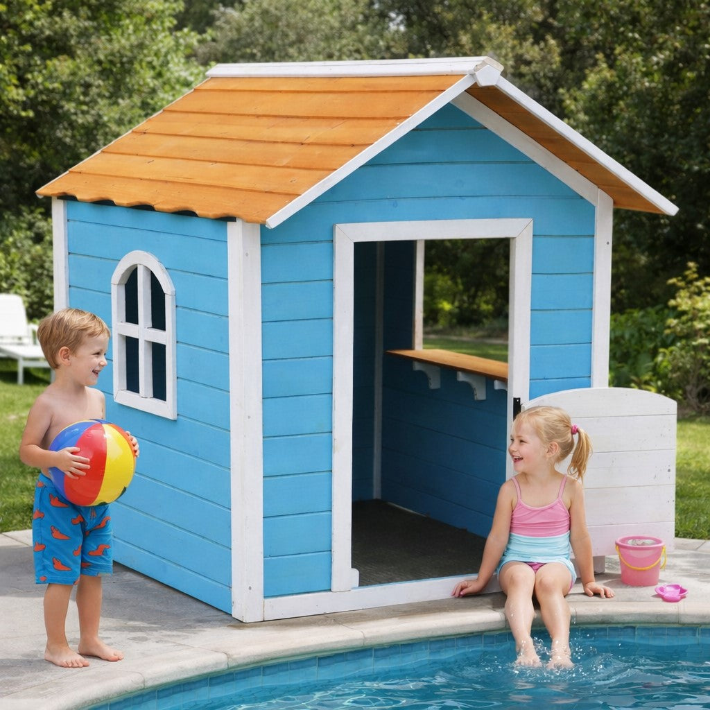 Children's Wooden Playhouse GINGER HOME – For Role Playing, Yard and Garden, Blue, 118×138×132.5 cm