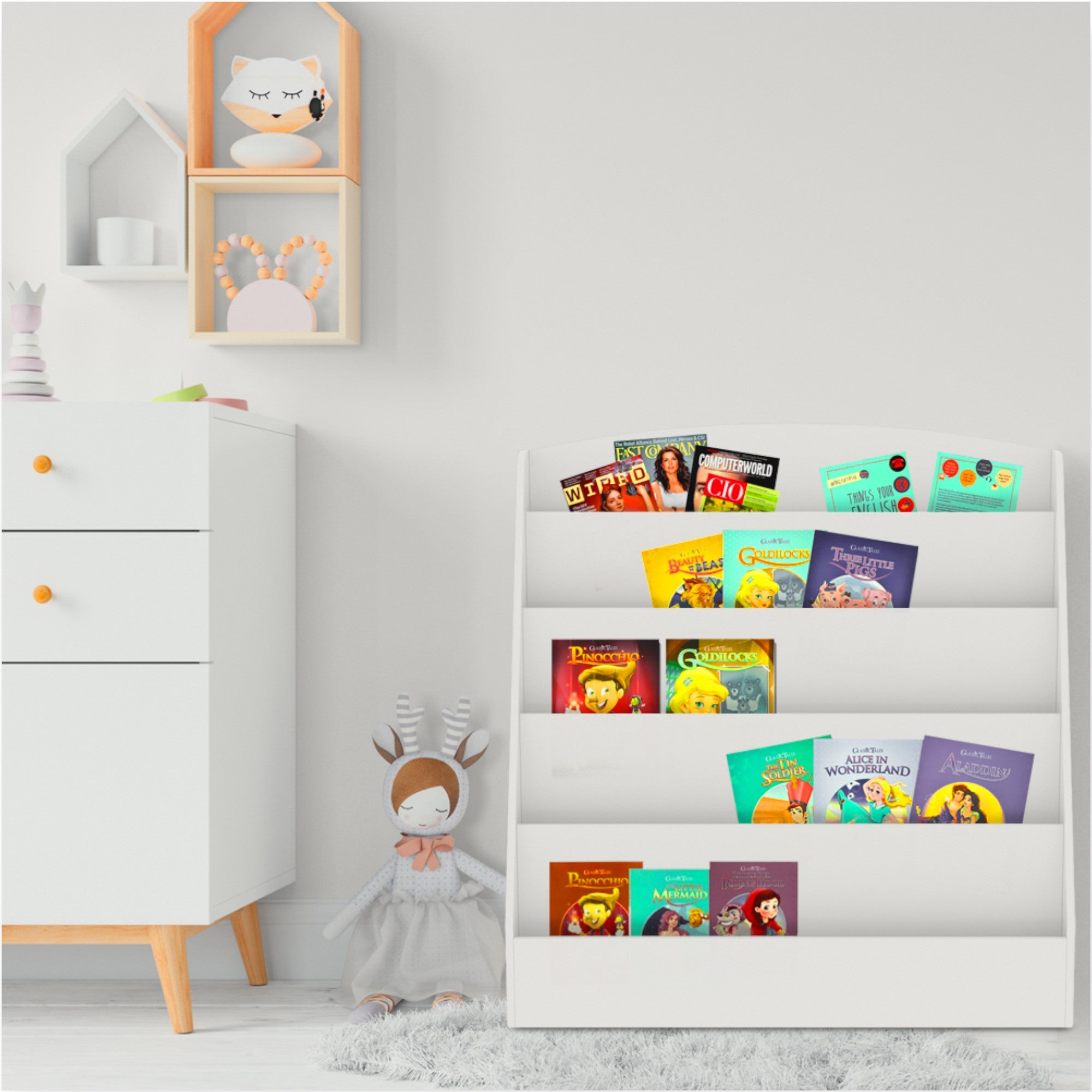 Детска Етажерка GINGER HOME, Ораганайзер с Рафтове за Книжки и Списания, Дървена, Бяла, 80х30х80 см.