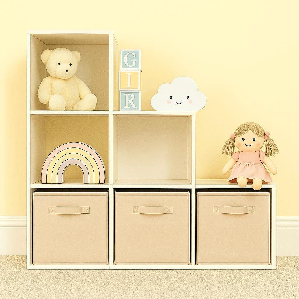 Детска Етажерка, Органайзер за Играчки, GINGER HOME с 6 Отделения и Текстилни Кутии, Бяла, Монтесори Мебел